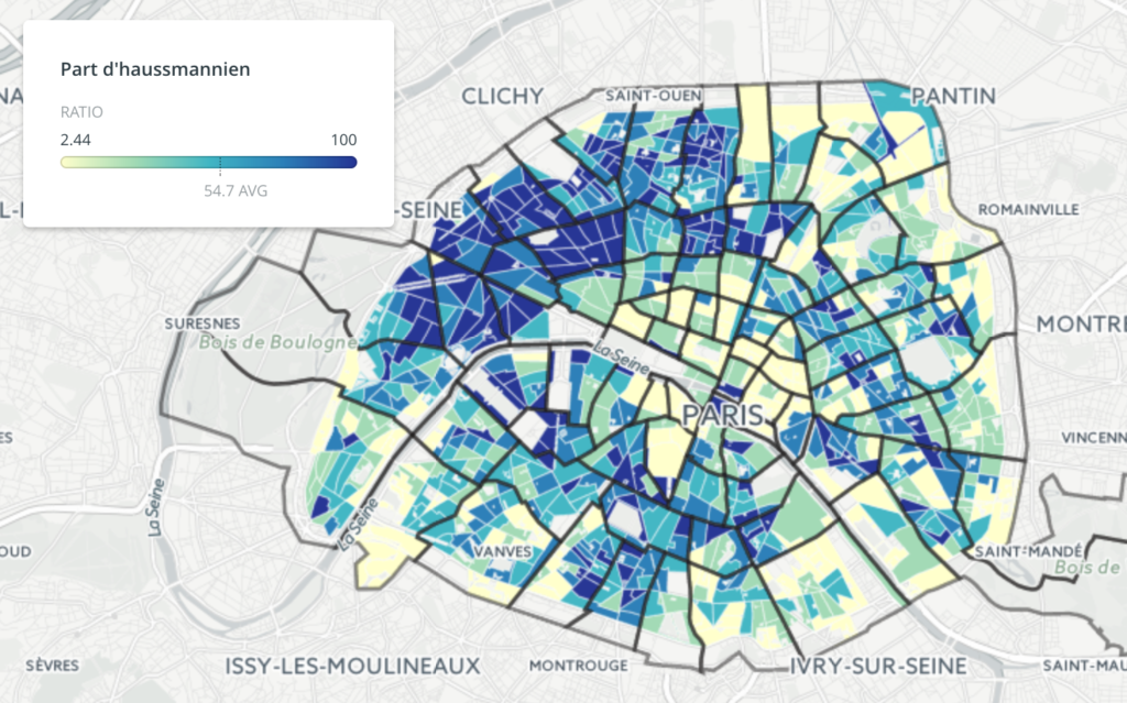 Carte de la densité des immeubles haussmaniens sur Paris 